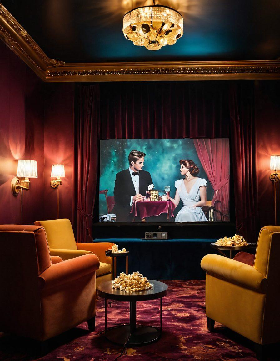 A dreamy cinema scene with a vintage projector casting colorful film reels onto a sumptuous velvet screen, surrounded by plush armchairs and soft golden lighting. In the foreground, elegant couples savoring gourmet popcorn and sipping sparkling beverages, creating an intimate atmosphere. Sensual silhouettes meld with abstract, flowing backgrounds reflecting the passionate essence of sensual films. vibrant colors. romantic ambiance. cinematic style.