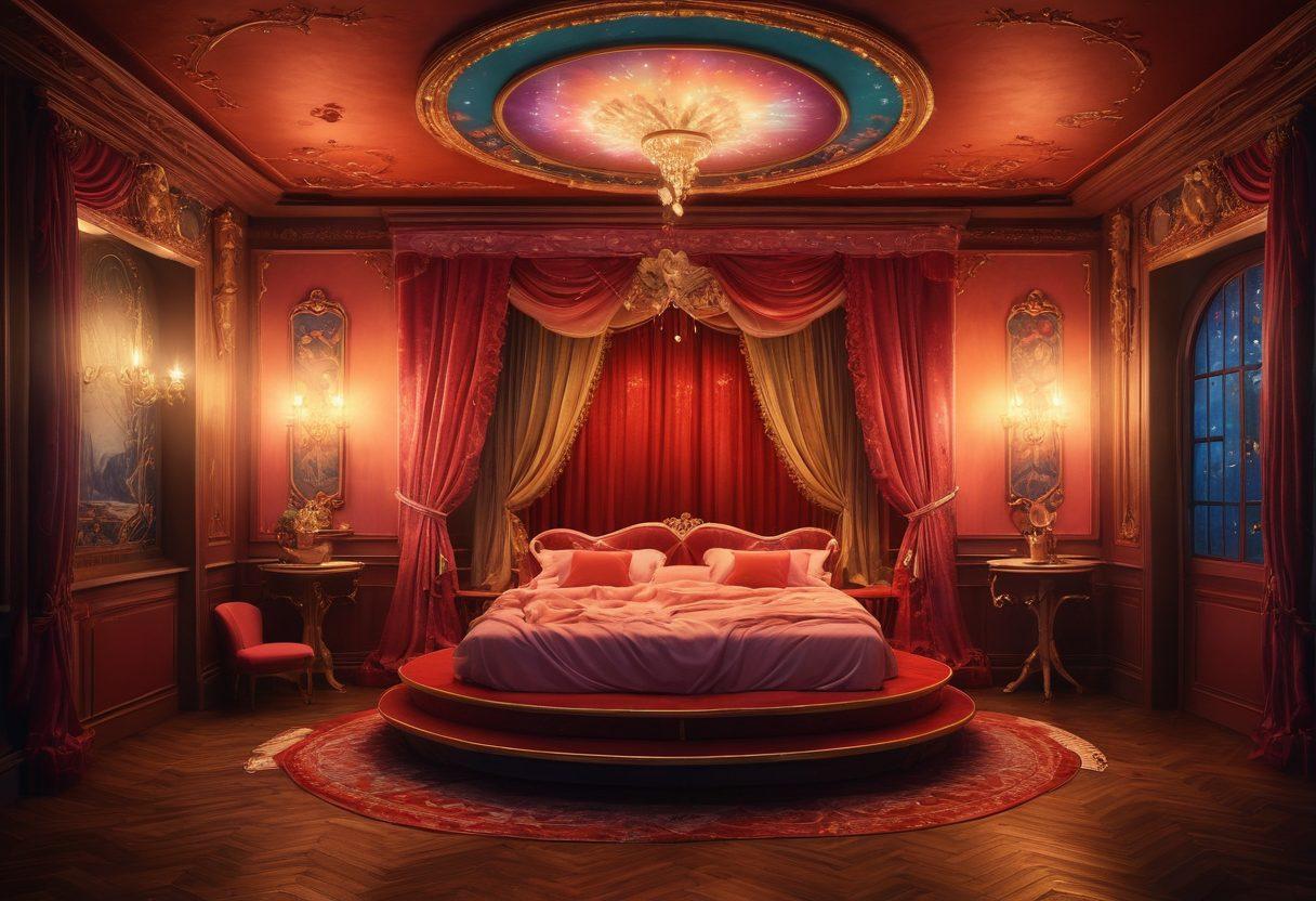 A whimsical and enchanting scene depicting a cozy, magical theater filled with colorful characters engaged in various forms of erotic entertainment. Soft, twinkling lights illuminate the room, where laughter and sensuality intertwine. Ethereal elements like floating hearts and playful sparks enhance the atmosphere, inviting viewers into a world of pleasure and fantasy. A blend of vibrant colors and intricate details, captivating yet elegant. digital art. vibrant colors. dreamy ambiance.